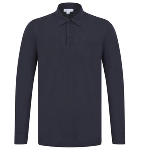 Sunspel Mens Polo Shirt Riviera Long Sleeved Cotton Polo in Navy Blue - Picture 1 of 8