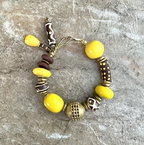 Tribal Boho Bracelet Water Buffalo Bone, Resin, Glass, African Trade Brass - Picture 1 of 7
