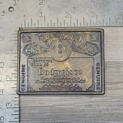 复古 20 世纪 70 年代百威啤酒黄铜皮带扣 Anheuser-Busch 瓶标签 — 第 1/4 张图片