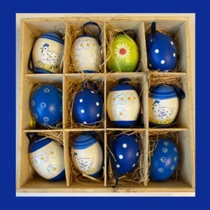 Real Blown Egg Ornament SET OF 12 in Wood Crate Painted Chicken Flower EASTER - Picture 1 of 11