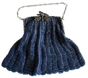 Antique Art Deco Iridescent Blue Beaded Knit Butterfly Filigree Frame Purse Bag - Picture 1 of 14