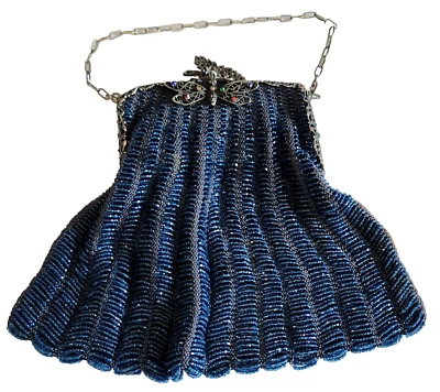 Bolso Cartera Antiguo Art Deco Iridiscente Azul Cuentas Tejido Mariposa Filigrana Marco Foto 1 de 4