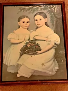 Antiker primitiver AMISH VICTORIAN GIRLS Blumenkorb Schwestern gerahmte Kunst ❤️m9 - Bild 1 von 10
