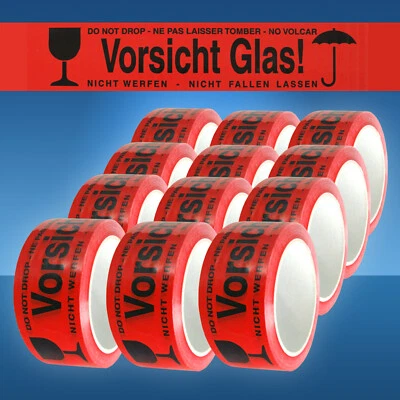 VEMATEC 12 Rollen Vorsicht Glas! Packband Warn-Klebeband Paketband, 50 mm, 66 m, rot