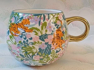Fat Face Mug Multicolour Floral Tiger Design Gold Handle 10cm Tall - Imagen 1 de 5
