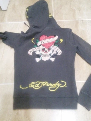 Sudadera con Capucha Ed Hardy De Colección Y2K Años 2000 Para Mujer Love Kills Calavera Corazón Gris Cremallera Completa S Foto 1 de 4