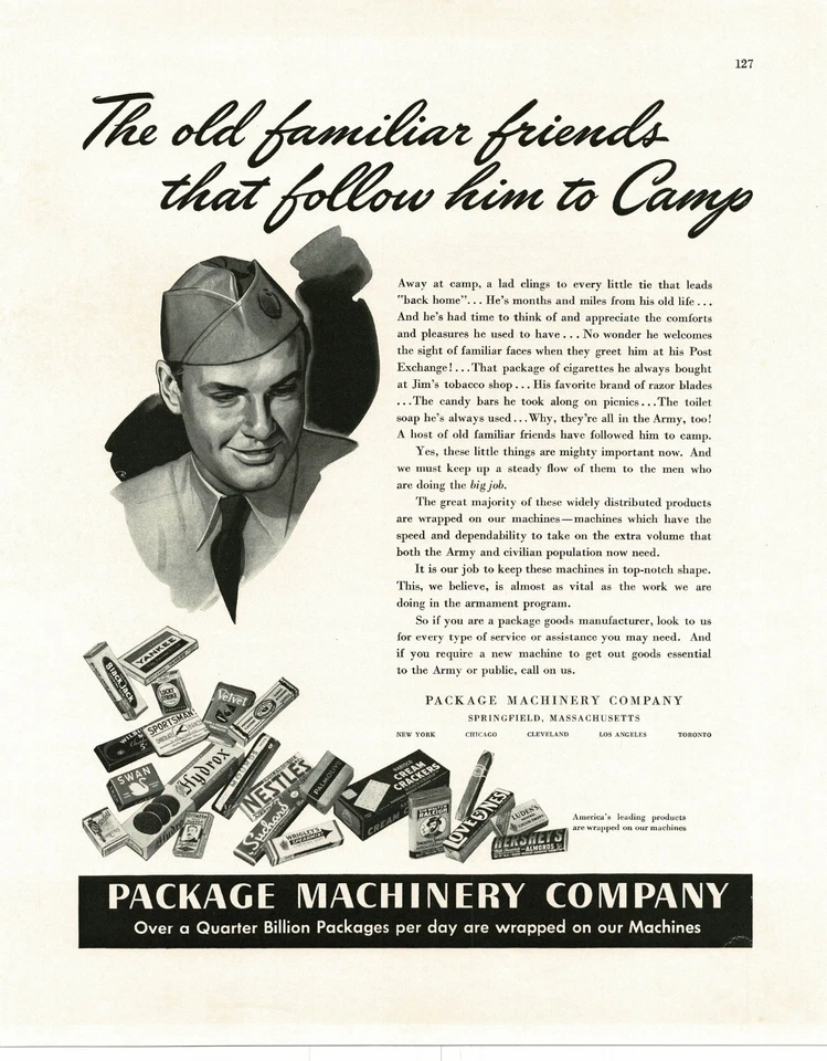 Paquete Machinery Co 1942 Soldier & Candy Gum Cigarettes Segunda Guerra Mundial anuncio impreso vintage Foto 1 de 1