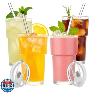 BELLAFORTE 20oz Ribbed Glass Cups with Lids and Straws – 2 Pack Iced Coffee C - Picture 1 of 5