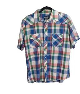 Vintage Wrangler Plaid Short Slve Xl / 2x 50 X 29 Blue Green Peach western pearl - Picture 1 of 4