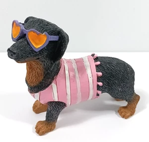Dachshund Dog Figurine Resin Heart Sunglasses Pink & White Striped Shirt 4.5" - Picture 1 of 14