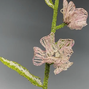 Vintage French Beaded Glass Flower Stem Pink & Green Handmade Wire Art 20” - Picture 1 of 6