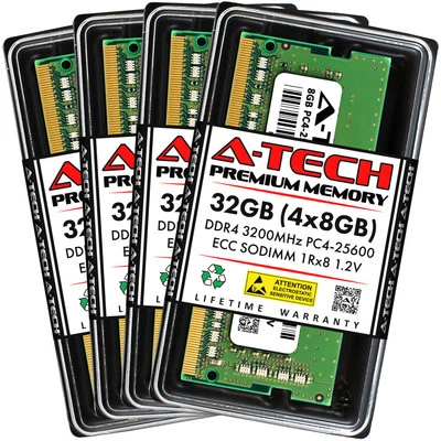 A-Tech 32GB 4x 8GB 1Rx8 PC4-25600 DDR4 3200 MHz ECC SODIMM NAS Memory RAM Kit - Image 1 of 4