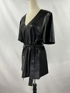 Marc New York Vegan Faux Leather Top Tunic Mini Dress Black Large Belted - Picture 1 of 8