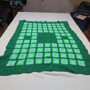 HANDMADE Granny Square Afghan Green White Throw Blanket Crochet Knit 48"x57" - Picture 1 of 7