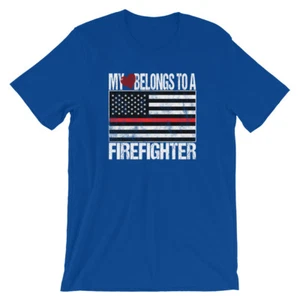 My Heart Belongs To A Firefighter Red Line Flag T-Shirt Blue Unisex 2XL - Picture 1 of 1