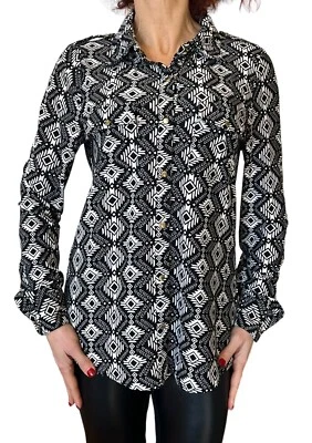 BCBG MAX AZRIA MUJER BLUSA TOP ESTAMPADO AZTECA TRIBAL NEGRA WESTERN FRONTAL A PRESIÓN L Foto 1 de 4