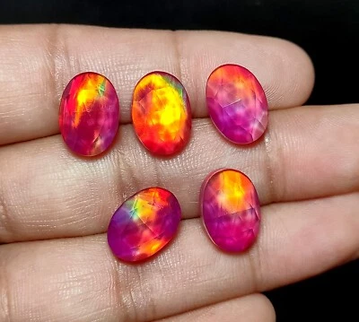 Pink Aurora Opal Doublet, Aurora Fire Opal Rose Cut Oval Cabochon, 14x10 MM - Image 1 of 4