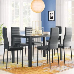 7 Piece Dining Room Furniture Glass Table Top Table Set 6 Faux leather chairs - Picture 1 of 6