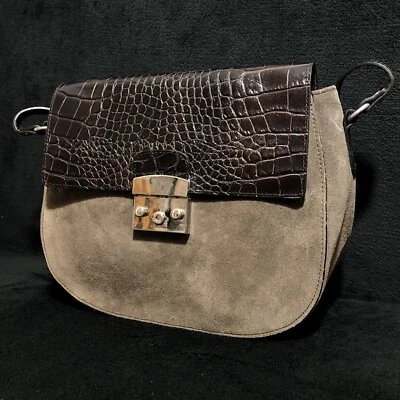 Bolso de Mano Claudia Firenze Italiano Cuero Cocodrilo Gamuza Cúpula Bandolera Cartera Gris Foto 1 de 4