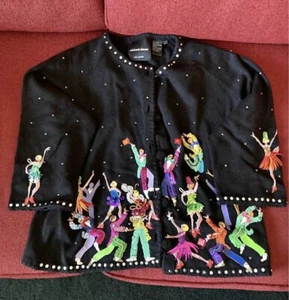 Michael Simon 2000 Vintage Cardigan Broadway Dancers Sequins Size Large 3/4 - Picture 1 of 10