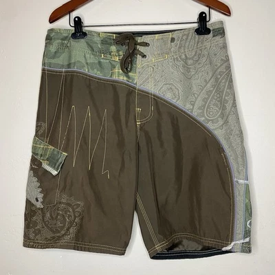 Rusty Men's Board Shorts Swim Trunks Brown Green Size 34 Pocket Drawstring - B20 - Image 1 of 4