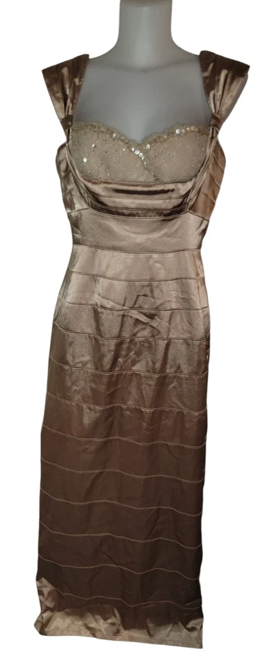 Y2k Adrianna Papell Sz 12 Womens Victorian Gold Satin Lace Babydoll Maxi Dress - Image 1 of 4