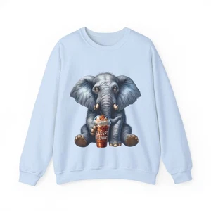 Funny Coffee Elephant Sweatshirt “Sleepy Elephant” Unisex Cozy Animal Pullover - Picture 1 of 21