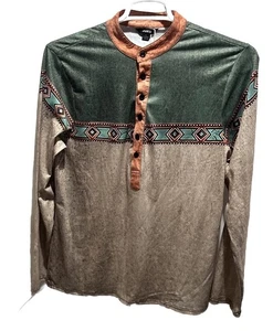 Ouku Shirt Mens Large Long Sleeve Linen Aztec Trim Button Up Pull Over - Picture 1 of 18