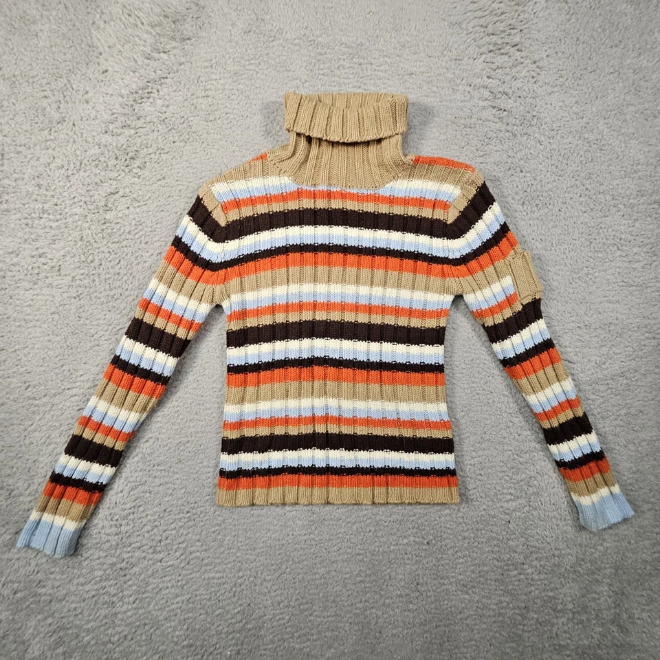 Vtg Y2K Sweater Junior L Rainbow Turtleneck Ribbed Crop 90s Hip Hop Boho Grunge - Image 1 of 4