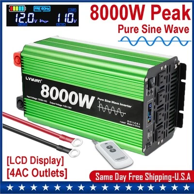 4000W/8000W Pure Sine Wave Inverter 12V to 110V 4AC LCD Converter Remote Control - Image 1 of 4