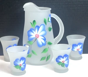 Anchor Hocking  VTG  Frosted Painted Pitcher with Matching Glasses Set of (5) - Picture 1 of 24