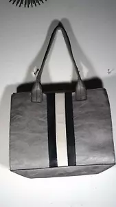 Kate Landry Tote Lg metallic silver striped leather snap closure pockets bag - Picture 1 of 12