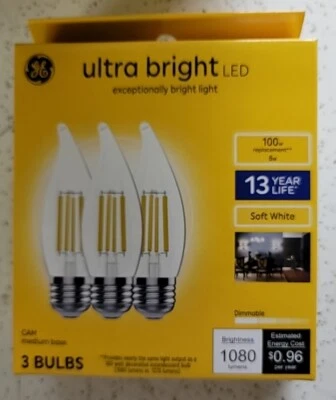 3 GE 8 Watt CAM Clear Ultra Bright Medium Base LED Bulbs , 1080 Lumens  - Image 1 of 3