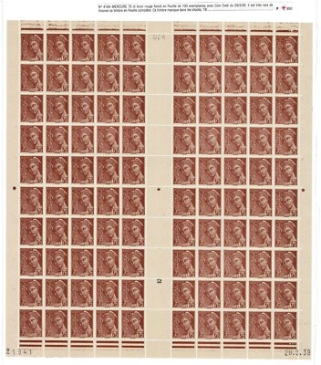 FRANCE YVERT 416A SCOTT # 369 MERCURY 75c COMPLETE SHEET 100 STAMPS MNH VF X262N - Image 1 of 2