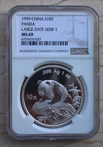 NGC MS69 1999 China 1oz Silver Panda Coin (Large Date Serif 1, Shenzhen Guobao) - Picture 1 of 2