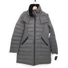 New French Connection Faux Shearling Trim Hooded Zip Puffer Jacket Grey Cozy M