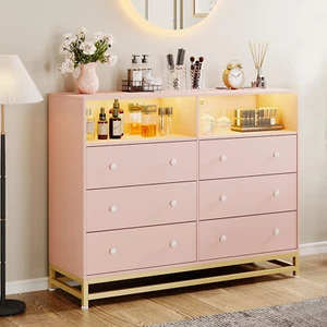 Modern 6 Drawer Double Wide Dresser with LED Lights Chest of Drawers for Bedroom - Picture 1 of 30