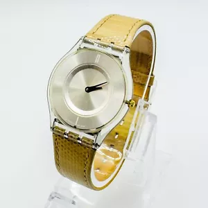 Vintage SWATCH Ultra Thin Wrist Watch Beige Genuine Leather Strap 1999 Y2K - Picture 1 of 17
