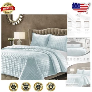 Contemporary Haze Blue Velvet Quilt Set - King Size with Shams, 3 Pieces - Picture 1 of 8