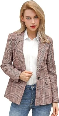 Allegra K Women's Notched Lapel One Button Boyfriend Blazer Suit Plaid Jacket L - Image 1 of 3