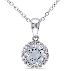 Amour Sterling Silver Aquamarine and 1/10CT TDW Diamond Halo Pendant, 18" - Picture 1 of 5