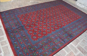 Alfombra roja afgana Bokhara para sala de estar 7x10 alfombra de lana oriental anudada a mano - Imagen 1 de 10