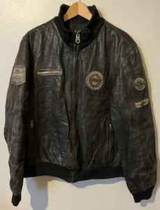 Chevignon Nevada Bomber Jacket Flight Lined Patches Pockets Distressed Black L - Picture 1 of 17