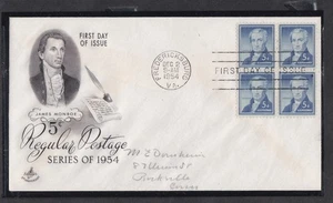 USA 1954 FIRST DAY COVER 5c JAMES MONROE IN BLOCK OF 4 + CACHET - Picture 1 of 1
