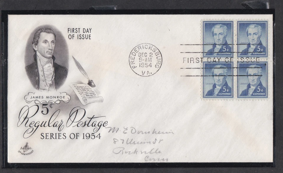 USA 1954 FIRST DAY COVER 5c JAMES MONROE IN BLOCK OF 4 + CACHET - Image 1 of 1