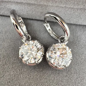 4 Ct Round Cut Certified Moissanite  Drop Hoop Earrings 14K White Gold Plated - Picture 1 of 7