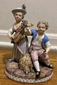 Antique Meissen Allegory Of Autumn Girl Playing Guitar & Boy Porcelain Figurine - Picture 1 of 22