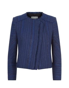Sandro Paris Navy Stripe Crop Blazer Size 36 Frayed Edge Biker Style Jacket - Picture 1 of 17