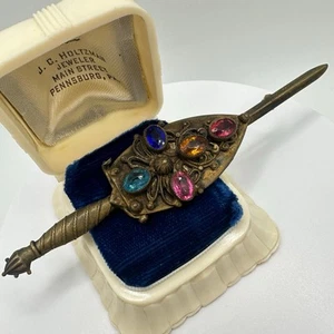 Antike Brosche 20er Jahre Messing goldfarben Böhmisch Glas Strass Schwert Schild - Bild 1 von 8