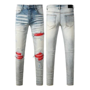 Neu Pop Herren Hose rot Patchwork Skinny Fit zerrissen gebleicht blau Jeans AMI8932A - Bild 1 von 15